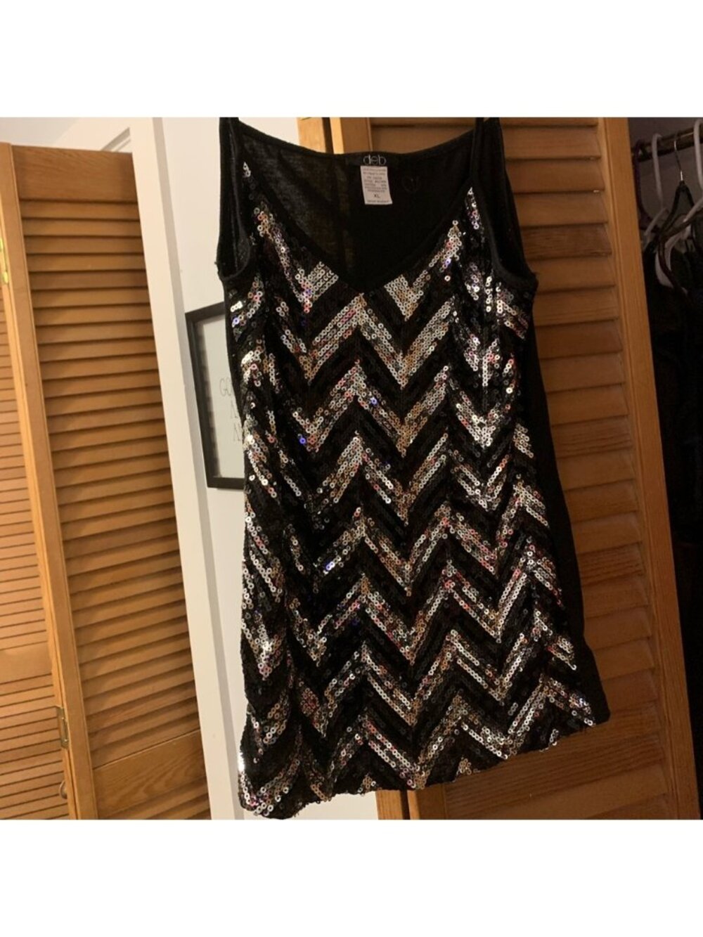 Deb Black Sequin silver and black chevron spaghetti Tank Top sz Large/XL